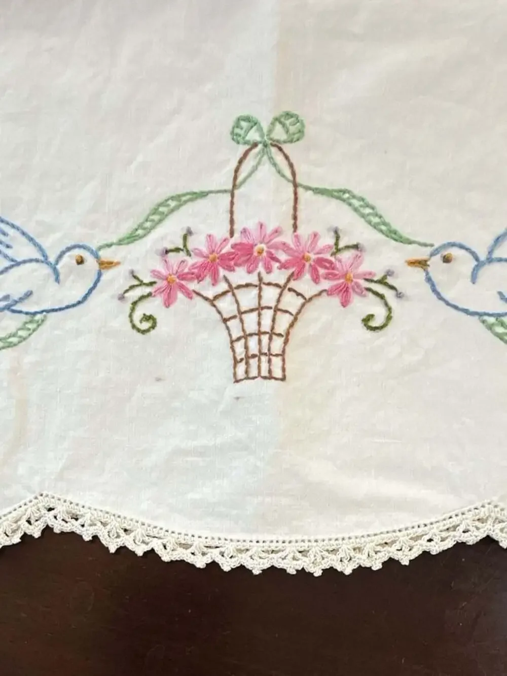 Vintage Hand Embroidered Floral Basket and Blue Birds Pillowcases Lace Trim